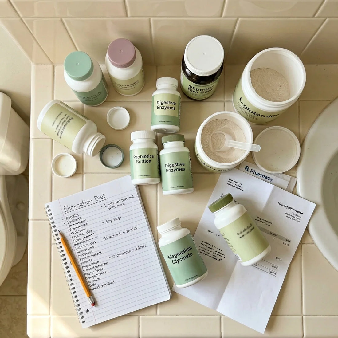 Bathroom counter covered in probiotic bottles, digestive enzymes, and an elimination diet list