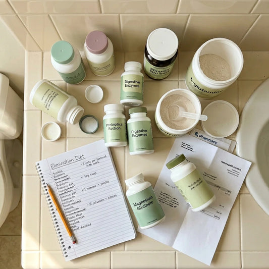 Bathroom counter covered in probiotic bottles, digestive enzymes, and an elimination diet list