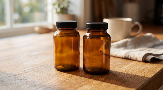 Two amber glass supplement bottles side by side on a kitchen counter in soft morning window light